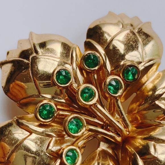 VTG Mid Century Large Brooch Green Rhinestone Floral 1940s 50s Gold Tone Pin - Picture 3 of 9